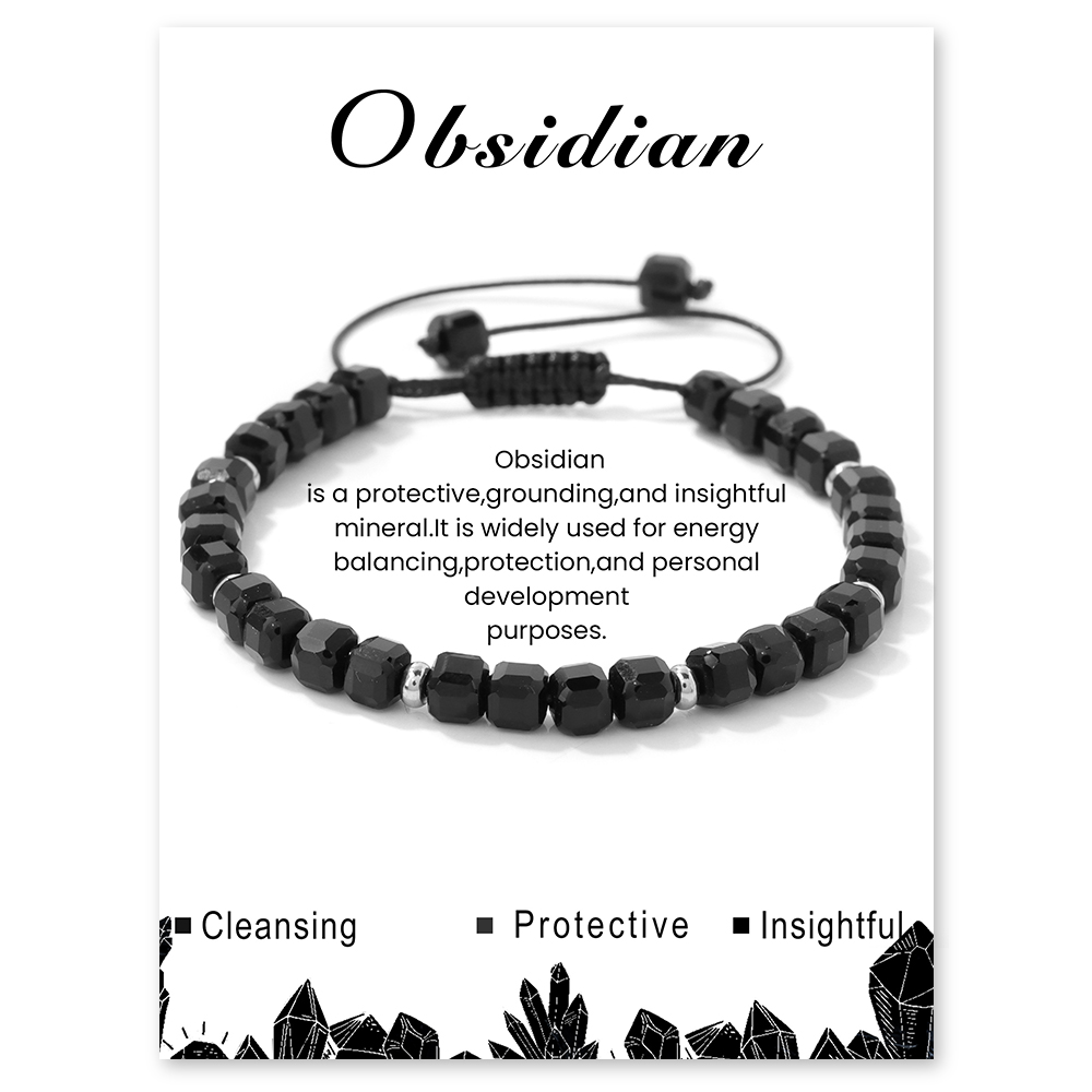 Yoga Fitness Tracker - Natural Stone Obsidian Bracelet 5MM Square